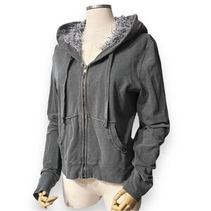 FREE PEOPLE Mineral Wash Split Zipper Hood Cropped Jacket Faux Fur